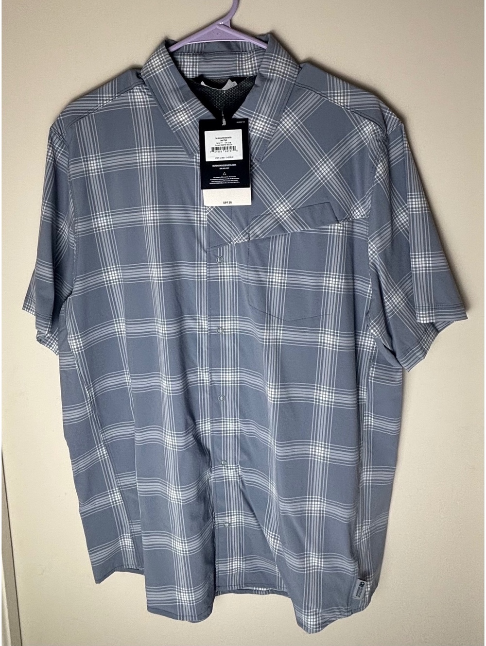 Outdoor Research Astroman Sun Shirt Men L Lead Plaid UPF 30 Stretch NWT